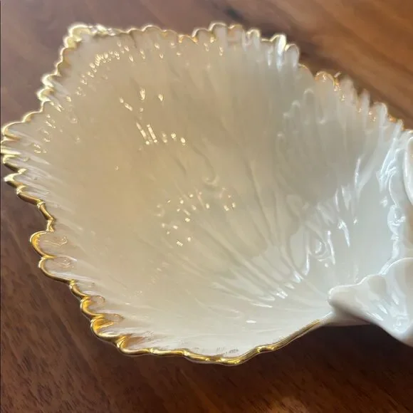 Lenox Double Leaf Leaves Cream Gold Candy Trinket Catch All Dish Made in USA - Picture 6 of 9
